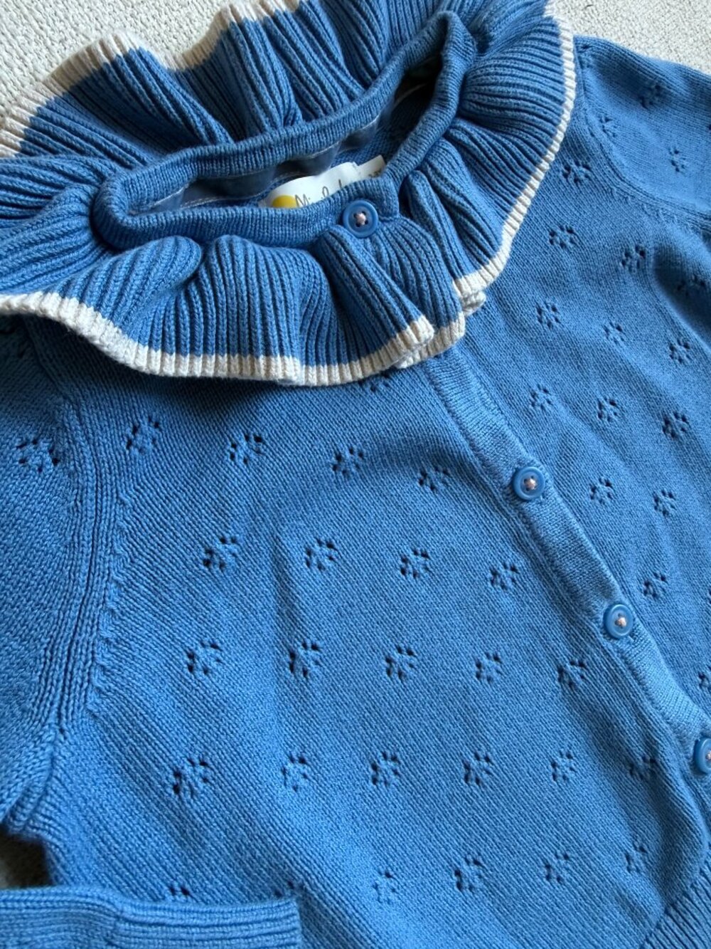 Mini Boden Blue Pointelle Knit Ruffle Collar Cardigan 2-3Y - Picture 2 of 5